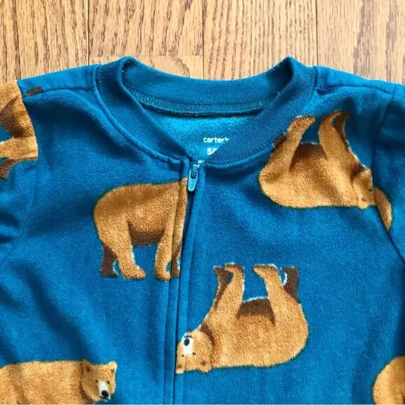 Carter's 1-Piece Bear Print Fleece Footie Teal Brown Pajamas Little Boy’s Size 5 - Picture 3 of 9